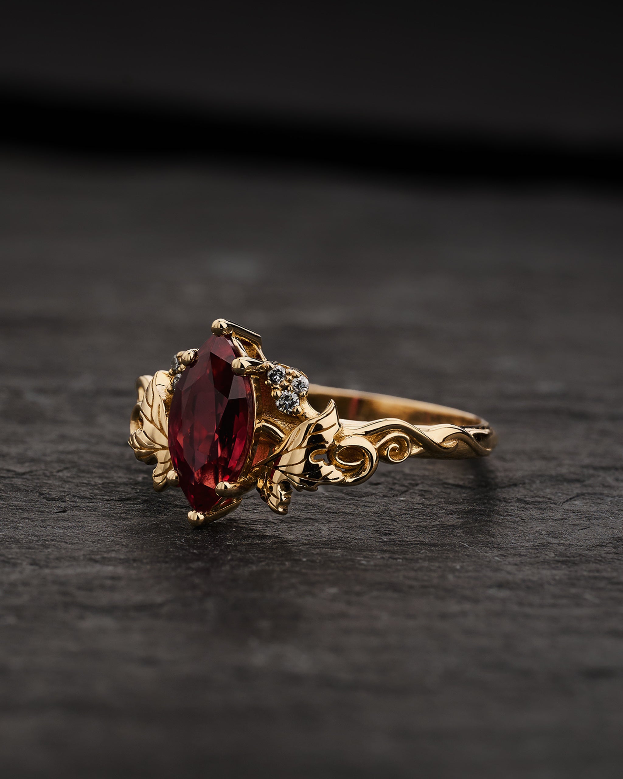 Bridal Set with Marquise Orange Padparadscha Sapphire (Lab-Grown) in Nature Style / Vineyard - Eden Garden Jewelry™