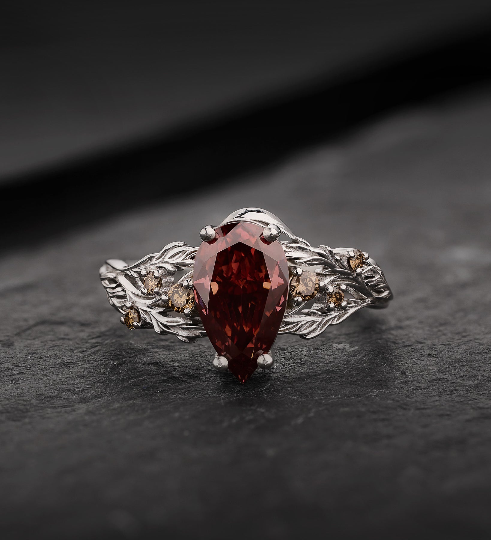 READY TO SHIP Japanese Maple Engagement Ring with Pear-Cut Brownish Red Diamond, Side Brown Diamonds and Forest Motif, 14K white gold, RING SIZES 5.5 - 8.5 US - Eden Garden Jewelry™