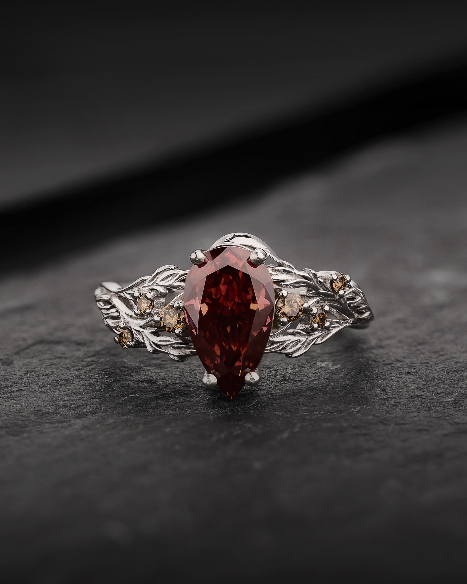 READY TO SHIP Japanese Maple Engagement Ring with Pear-Cut Brownish Red Diamond, Side Brown Diamonds and Forest Motif, 14K white gold, RING SIZES 5.5 - 8.5 US - Eden Garden Jewelry™