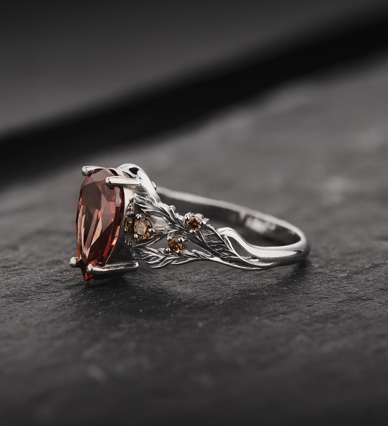 READY TO SHIP Japanese Maple Engagement Ring with Pear-Cut Brownish Red Diamond, Side Brown Diamonds and Forest Motif, 14K white gold, RING SIZES 5.5 - 8.5 US - Eden Garden Jewelry™
