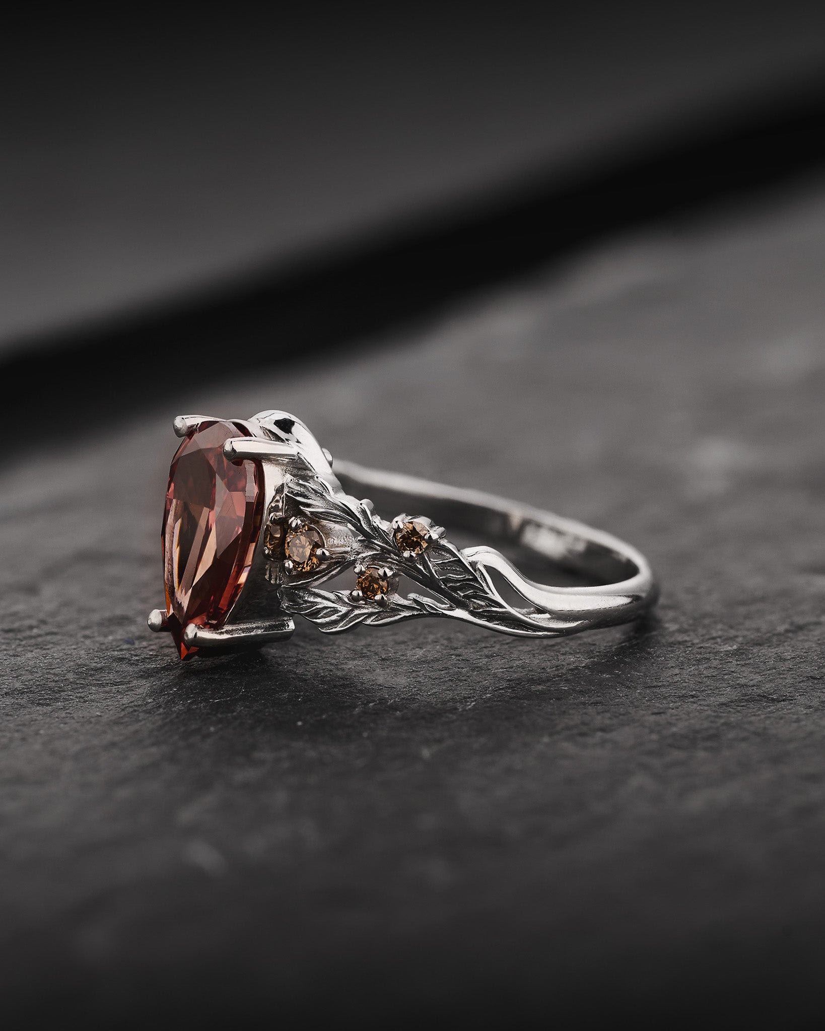 READY TO SHIP Japanese Maple Engagement Ring with Pear-Cut Brownish Red Diamond, Side Brown Diamonds and Forest Motif, 14K white gold, RING SIZES 5.5 - 8.5 US - Eden Garden Jewelry™