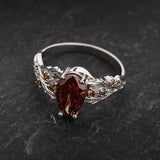 READY TO SHIP Japanese Maple Engagement Ring with Pear-Cut Brownish Red Diamond, Side Brown Diamonds and Forest Motif, 14K white gold, RING SIZES 5.5 - 8.5 US - Eden Garden Jewelry™