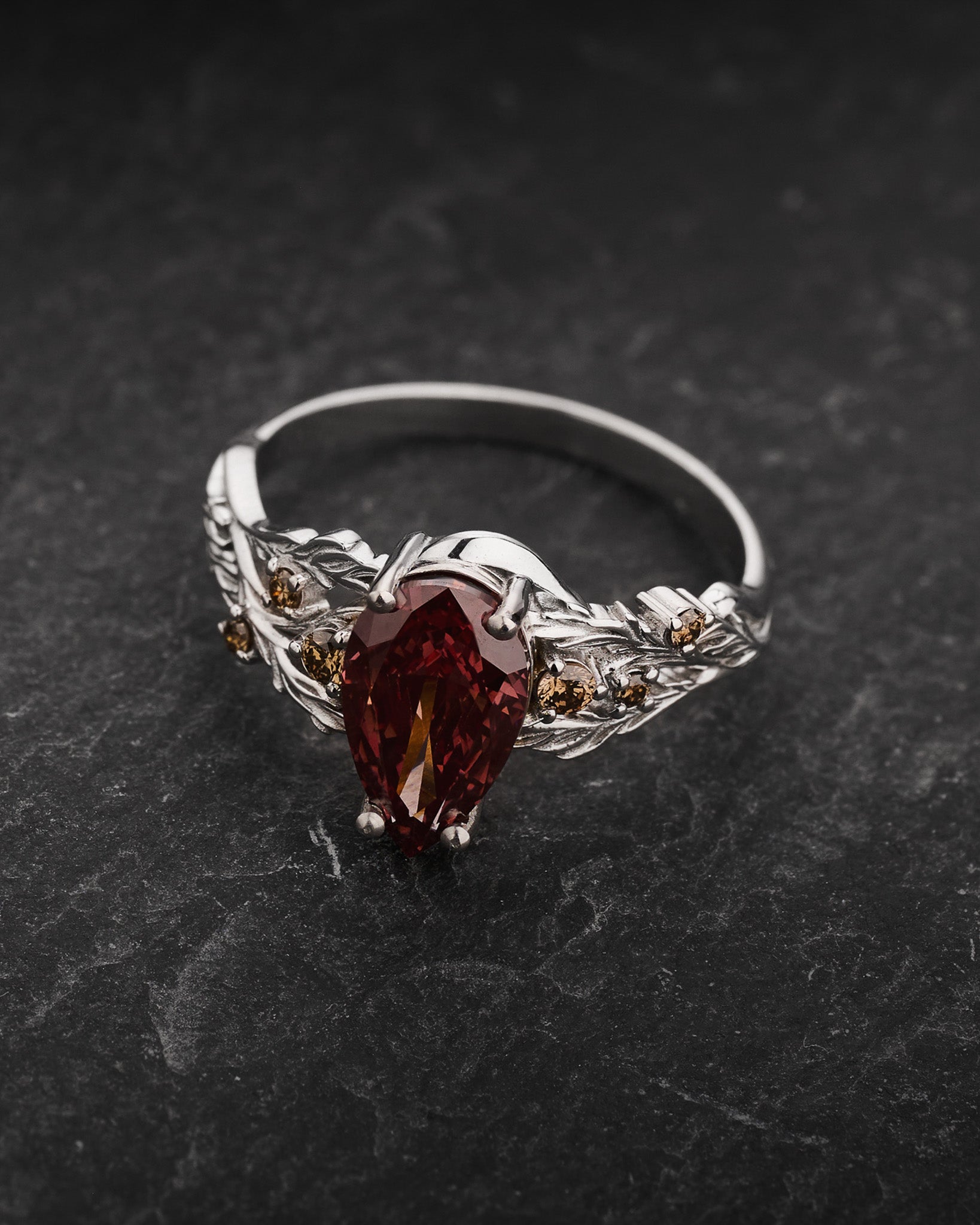 READY TO SHIP Japanese Maple Engagement Ring with Pear-Cut Brownish Red Diamond, Side Brown Diamonds and Forest Motif, 14K white gold, RING SIZES 5.5 - 8.5 US - Eden Garden Jewelry™