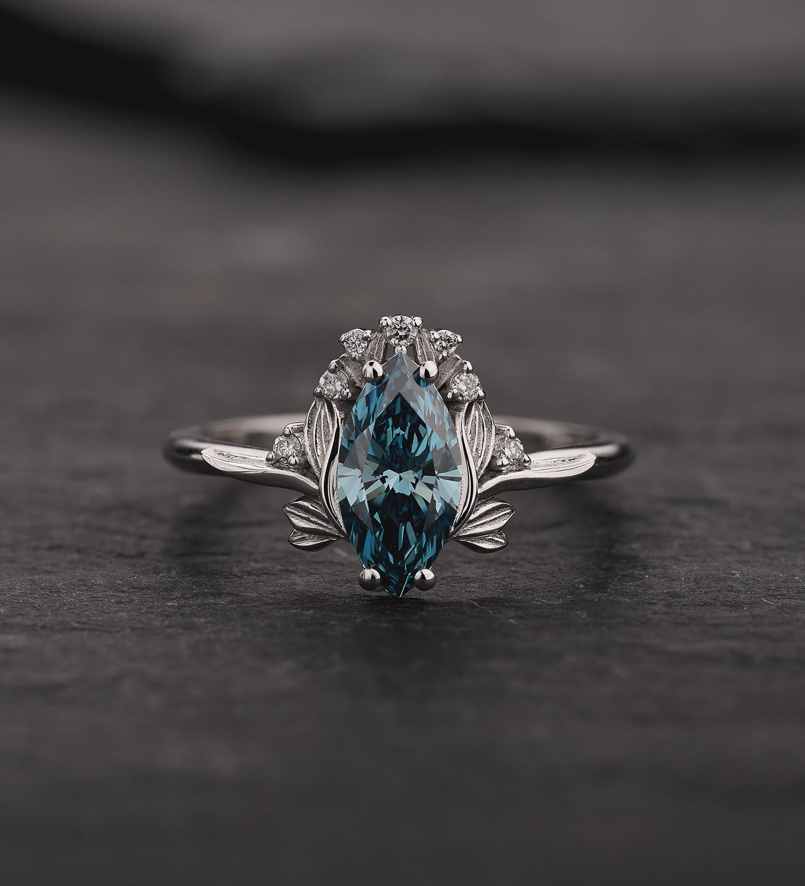 Engagement Ring with Marquise Fancy Blue Diamond (Lab-Grown) in Flower Style / Iris - Eden Garden Jewelry™