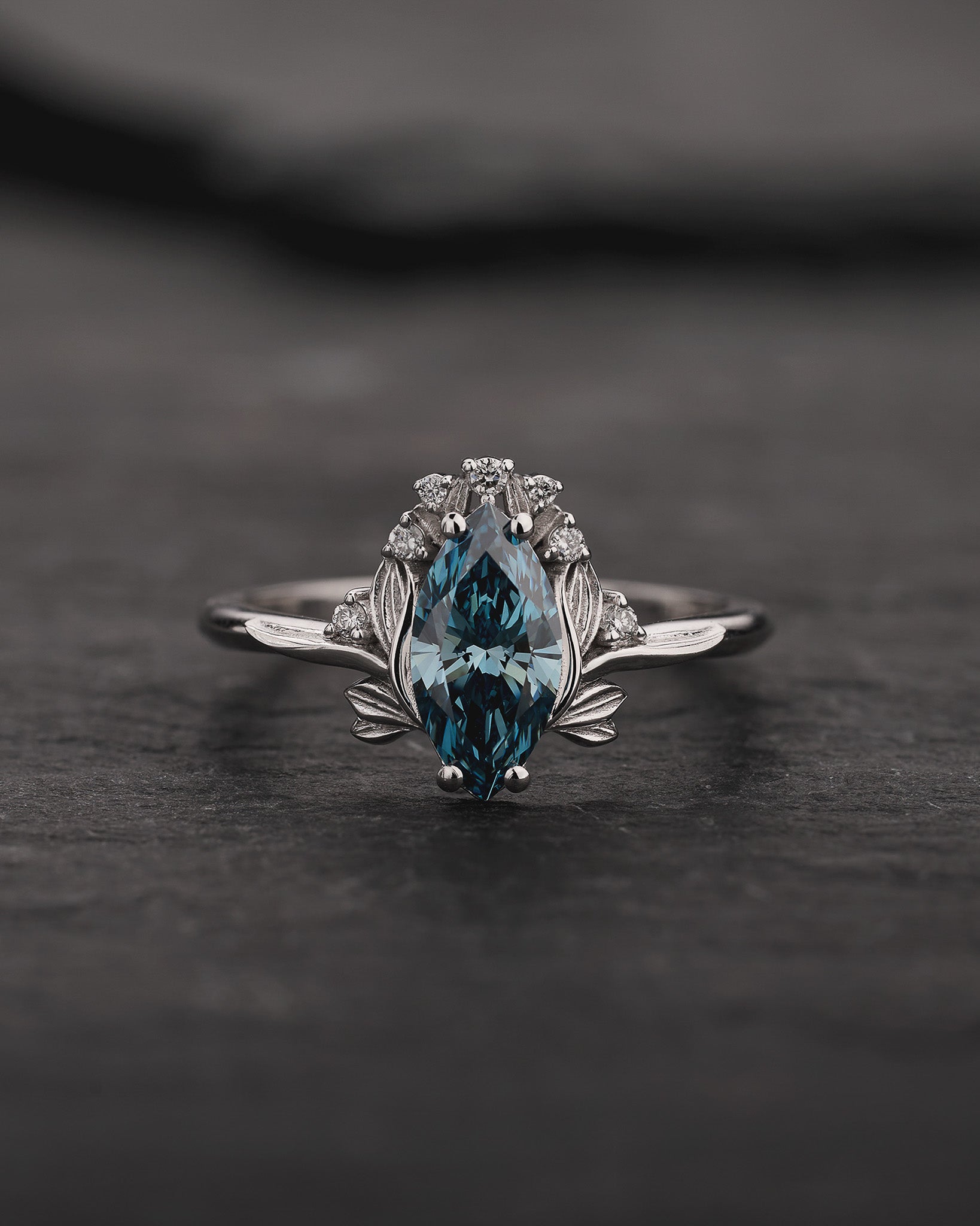 Engagement Ring with Marquise Fancy Blue Diamond (Lab-Grown) in Flower Style / Iris - Eden Garden Jewelry™