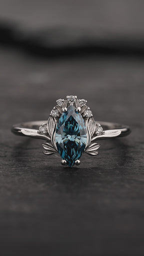 Engagement Ring with Marquise Fancy Blue Diamond (Lab-Grown) in Flower Style / Iris - Eden Garden Jewelry™