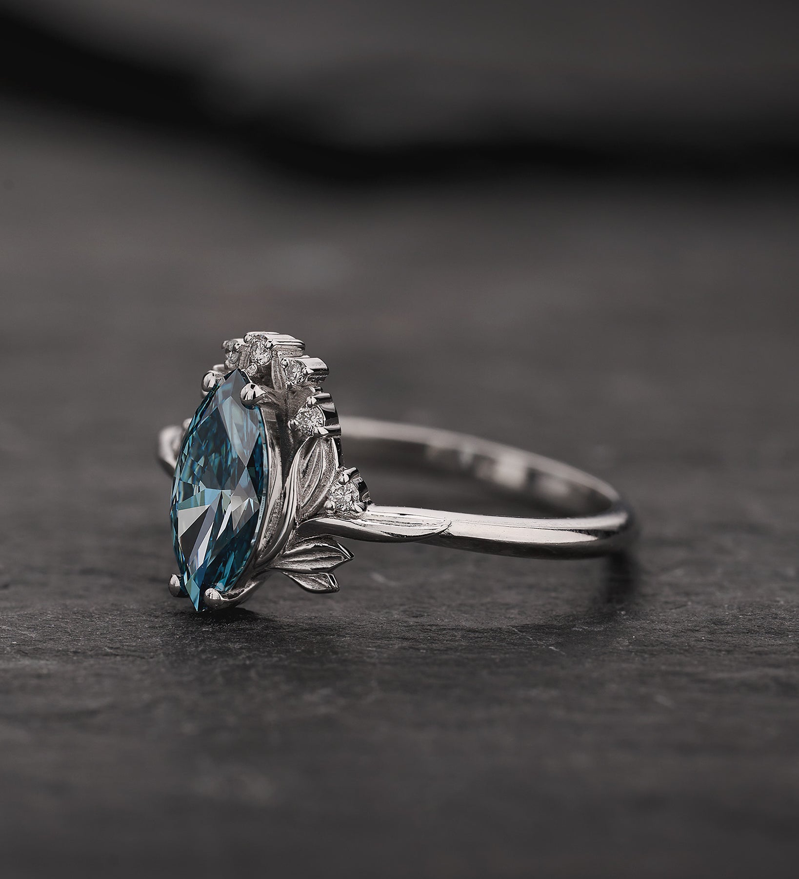 Engagement Ring with Marquise Fancy Blue Diamond (Lab-Grown) in Flower Style / Iris - Eden Garden Jewelry™