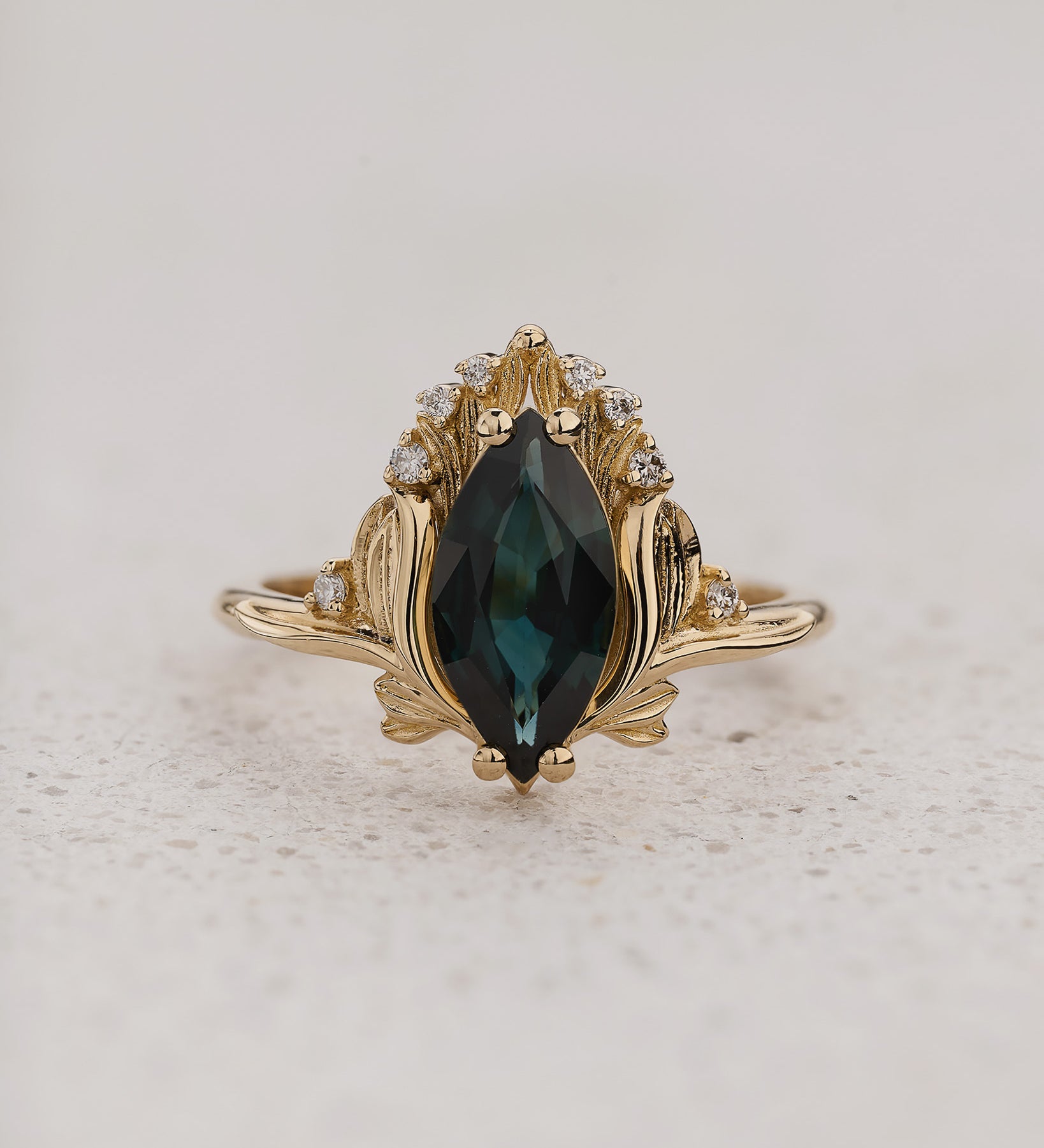 Floral Engagement Ring with Marquise Teal Color-Change Sapphire / Iris - Eden Garden Jewelry™
