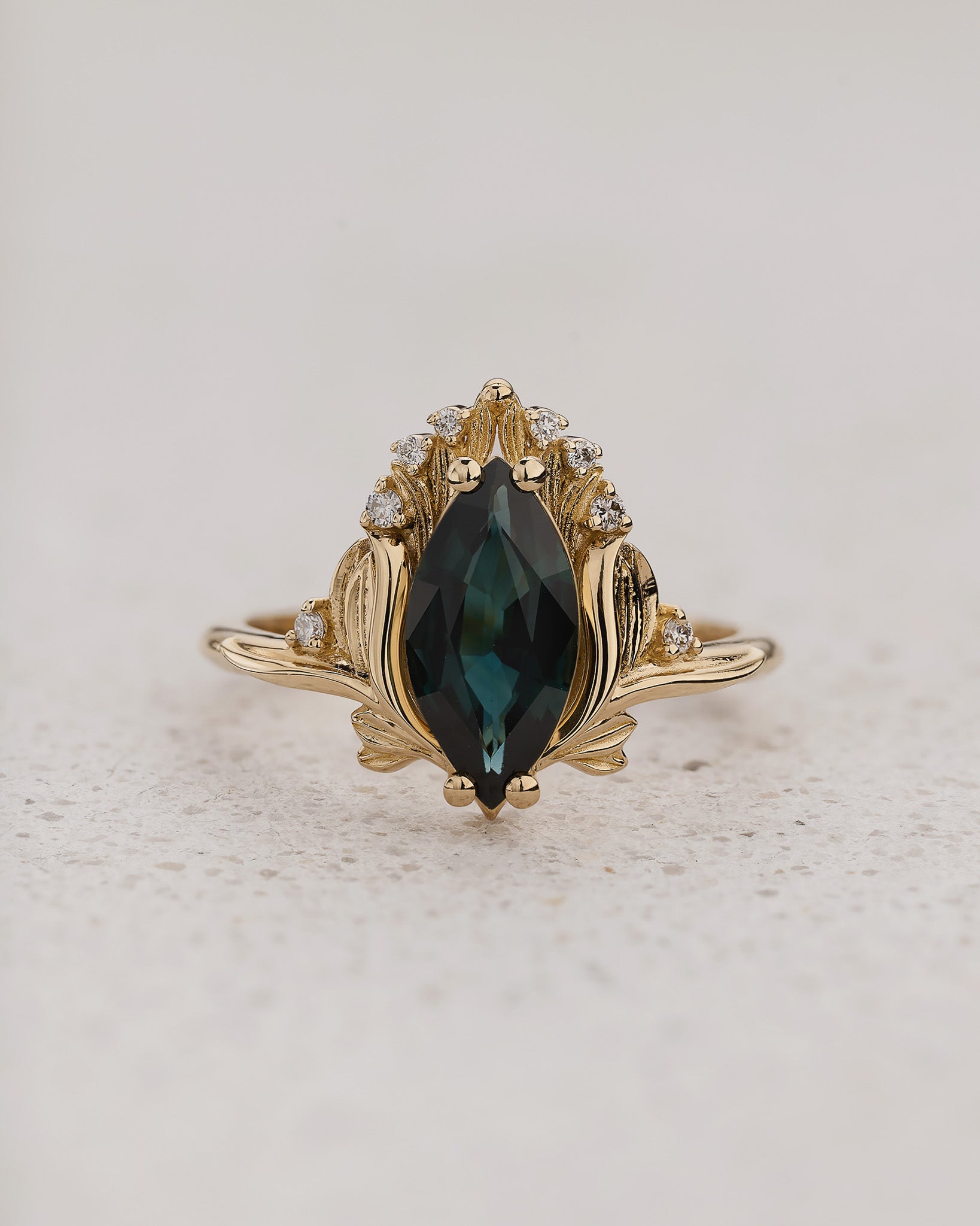 Floral Engagement Ring with Marquise Teal Color-Change Sapphire / Iris - Eden Garden Jewelry™