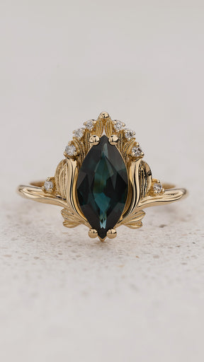 Floral Engagement Ring with Marquise Teal Color-Change Sapphire / Iris - Eden Garden Jewelry™