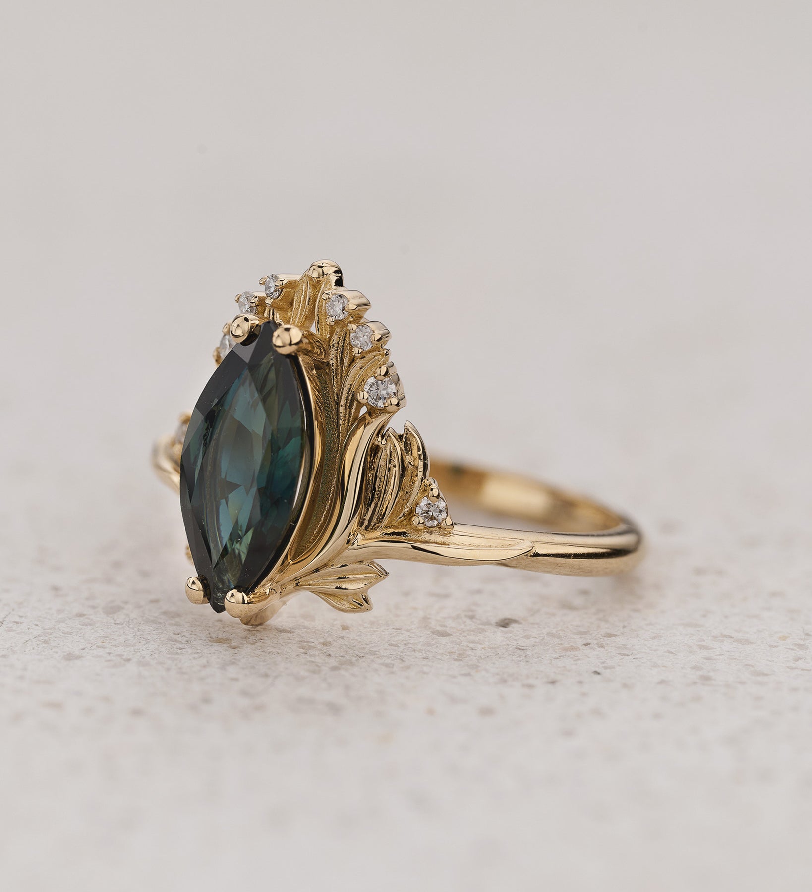 Floral Engagement Ring with Marquise Teal Color-Change Sapphire / Iris - Eden Garden Jewelry™