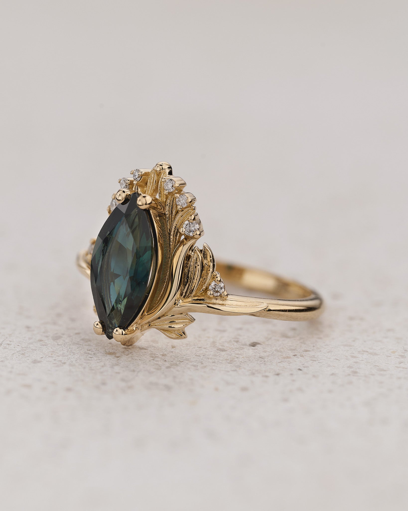 Floral Engagement Ring with Marquise Teal Color-Change Sapphire / Iris - Eden Garden Jewelry™