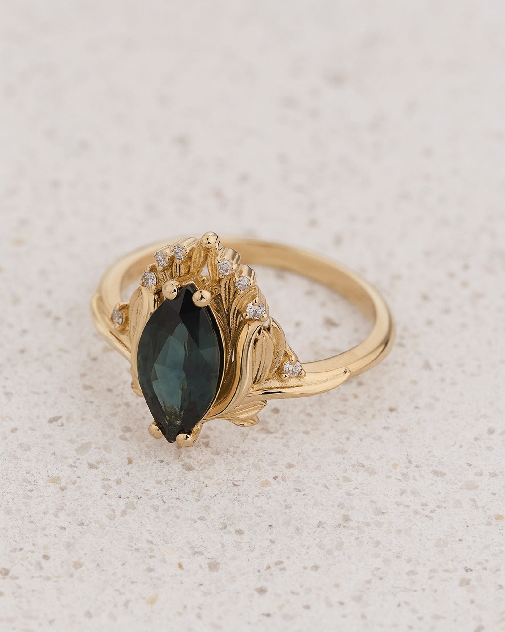 Floral Engagement Ring with Marquise Teal Color-Change Sapphire / Iris - Eden Garden Jewelry™