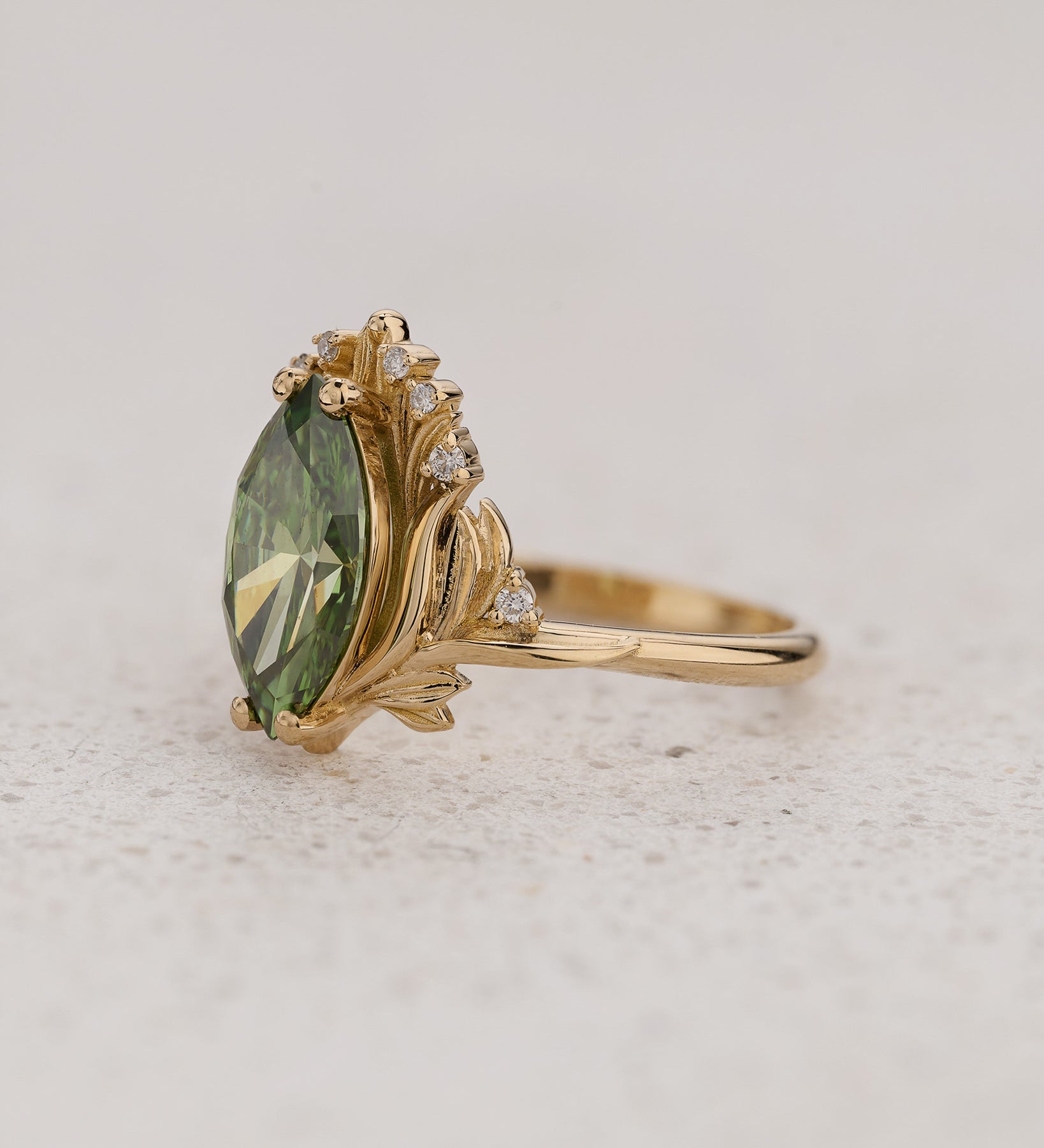 Floral Engagement Ring with Marquise Fancy Vivid Green Diamond / Iris - Eden Garden Jewelry™