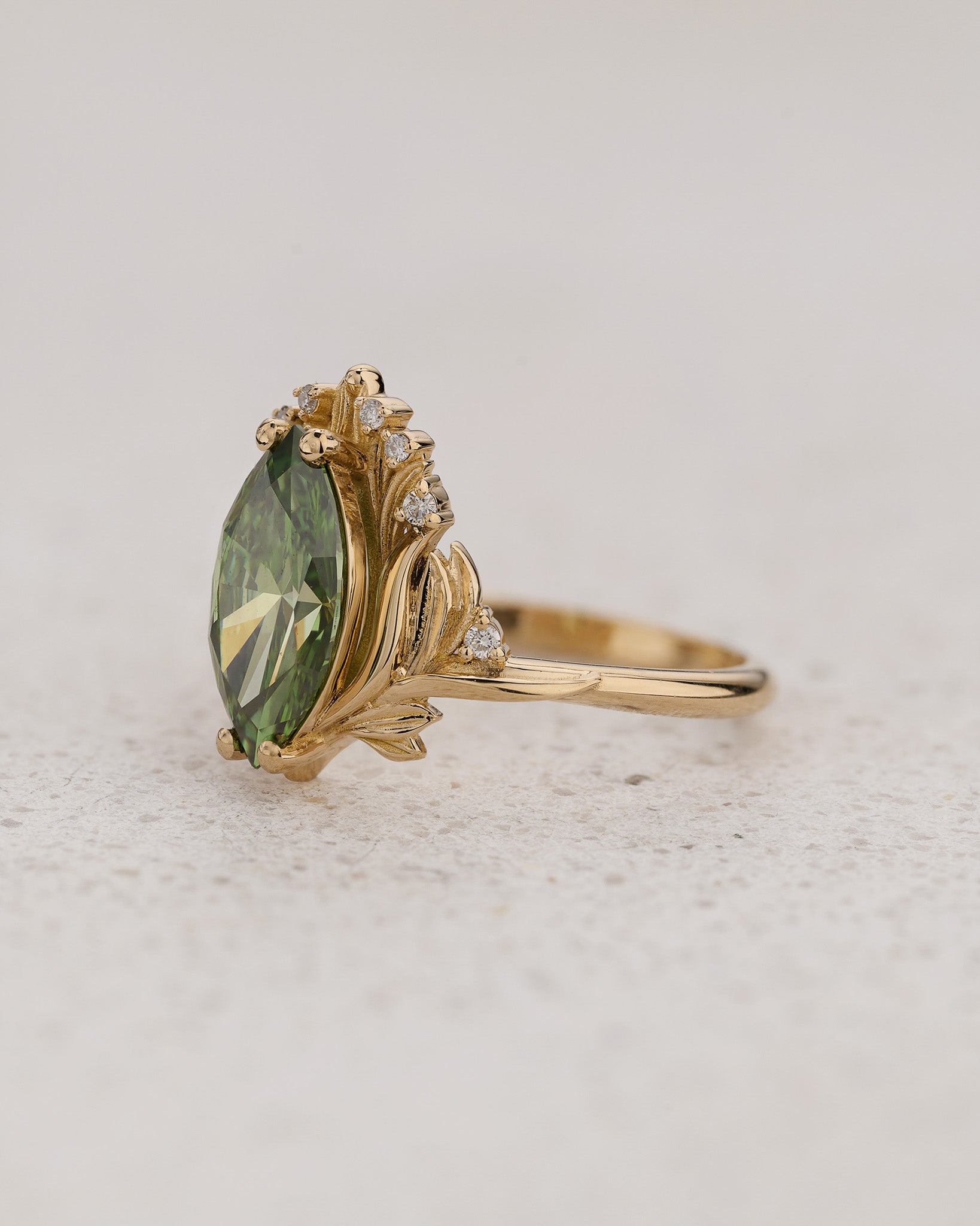 Floral Engagement Ring with Marquise Fancy Vivid Green Diamond / Iris - Eden Garden Jewelry™