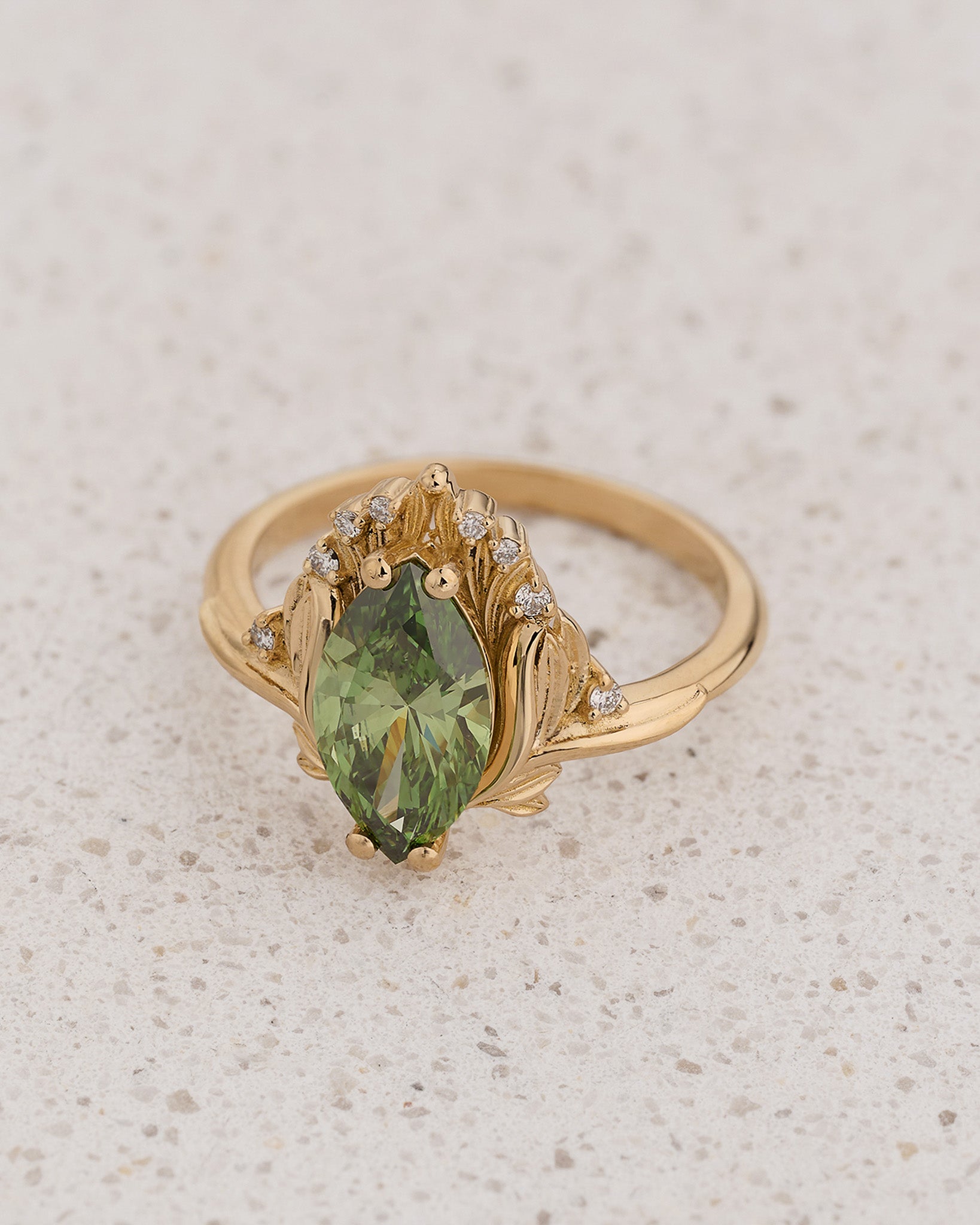 Floral Engagement Ring with Marquise Fancy Vivid Green Diamond / Iris - Eden Garden Jewelry™