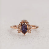 Engagement Ring with Marquise Colour Changing Alexandrite and Floral Motif / Iris - Eden Garden Jewelry™