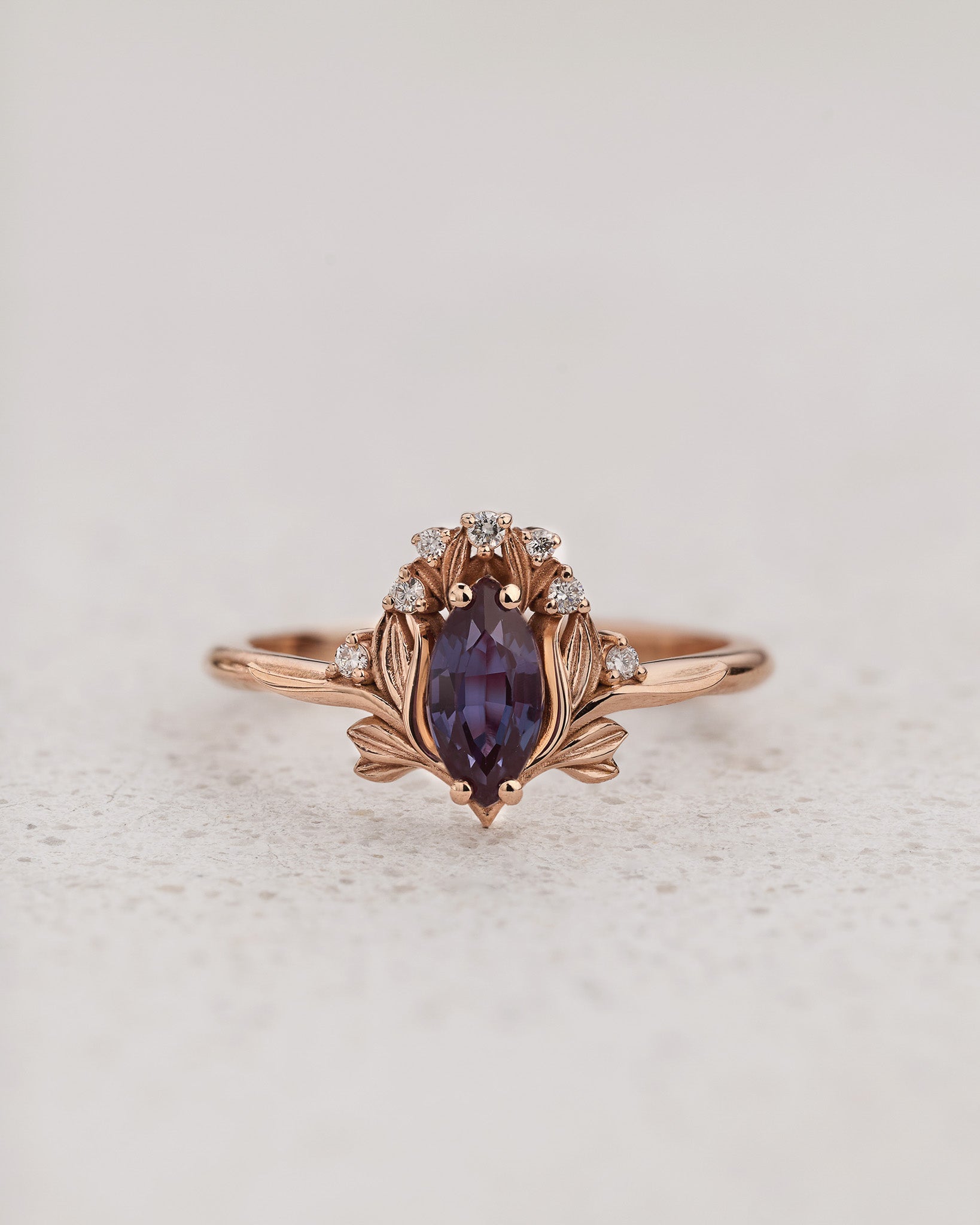 Engagement Ring with Marquise Colour Changing Alexandrite and Floral Motif / Iris - Eden Garden Jewelry™