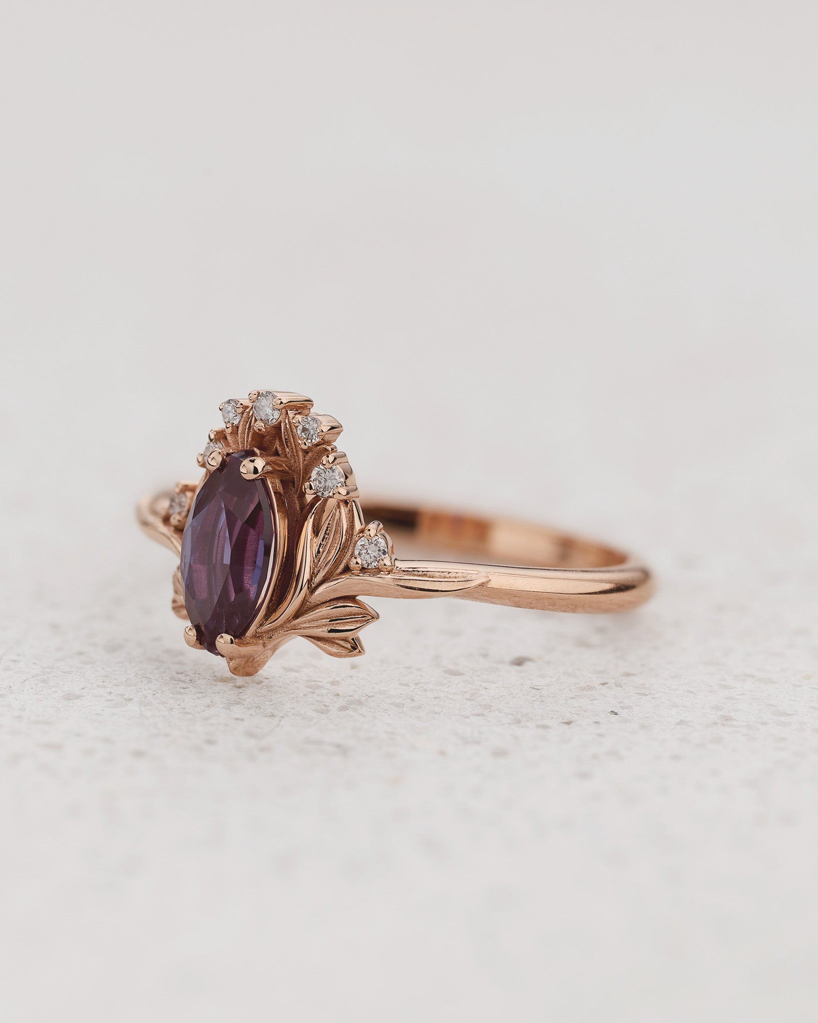 Engagement Ring with Marquise Colour Changing Alexandrite and Floral Motif / Iris - Eden Garden Jewelry™