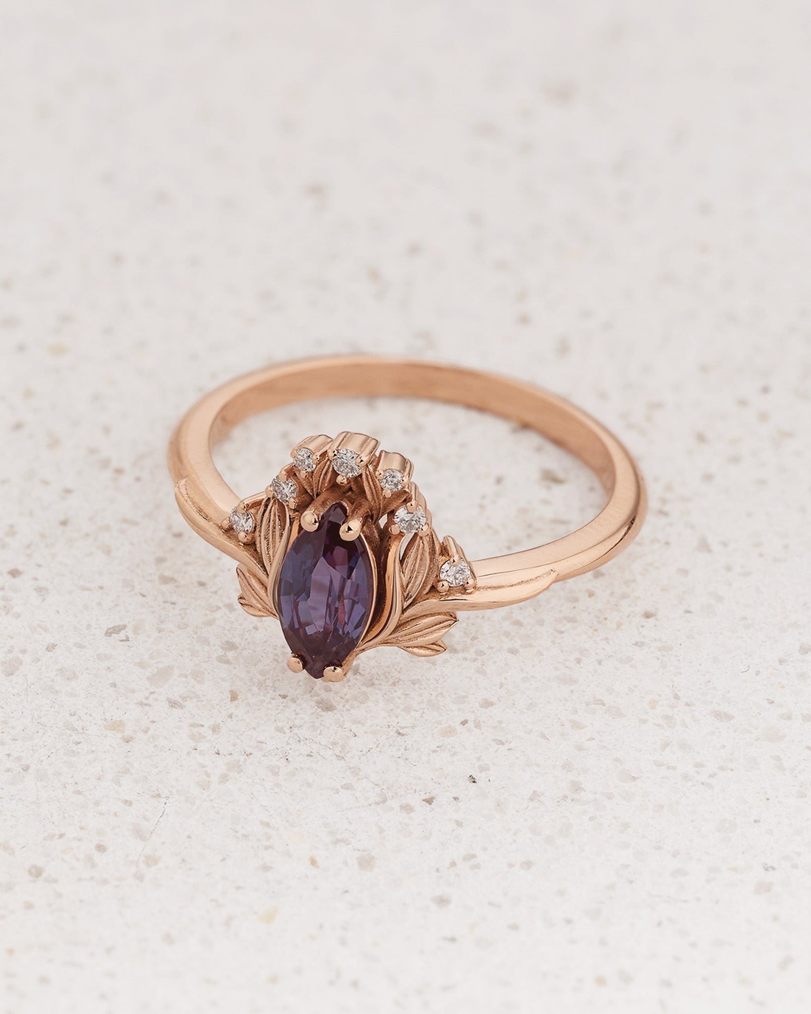 Engagement Ring with Marquise Colour Changing Alexandrite and Floral Motif / Iris - Eden Garden Jewelry™