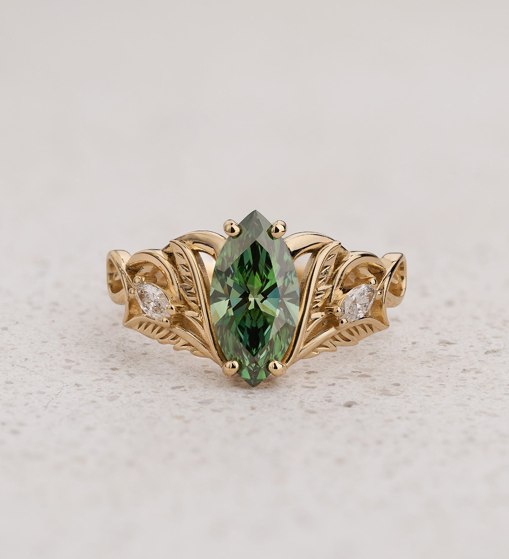 Engagement Ring with Marquise Fancy Vivid Green Diamond (Lab-Grown) in Nature Style / Ikar - Eden Garden Jewelry™