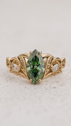 Engagement Ring with Marquise Fancy Vivid Green Diamond (Lab-Grown) in Nature Style / Ikar - Eden Garden Jewelry™