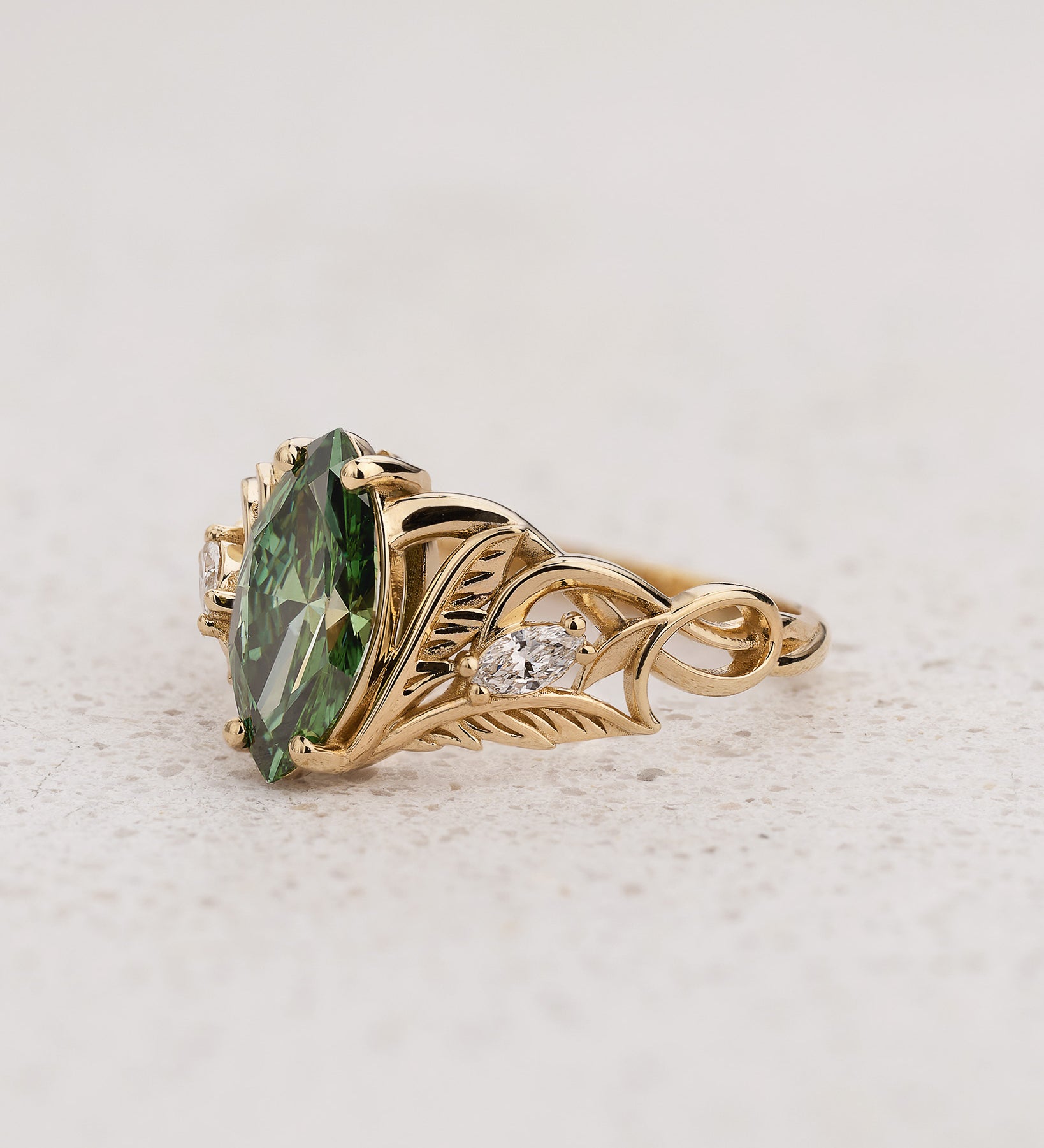Engagement Ring with Marquise Fancy Vivid Green Diamond (Lab-Grown) in Nature Style / Ikar - Eden Garden Jewelry™