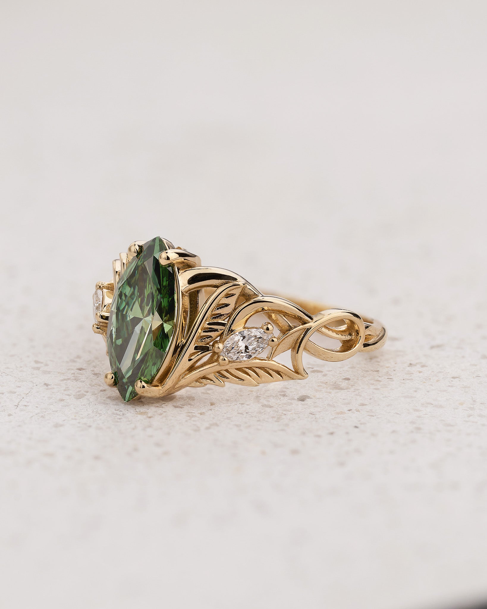 Engagement Ring with Marquise Fancy Vivid Green Diamond (Lab-Grown) in Nature Style / Ikar - Eden Garden Jewelry™