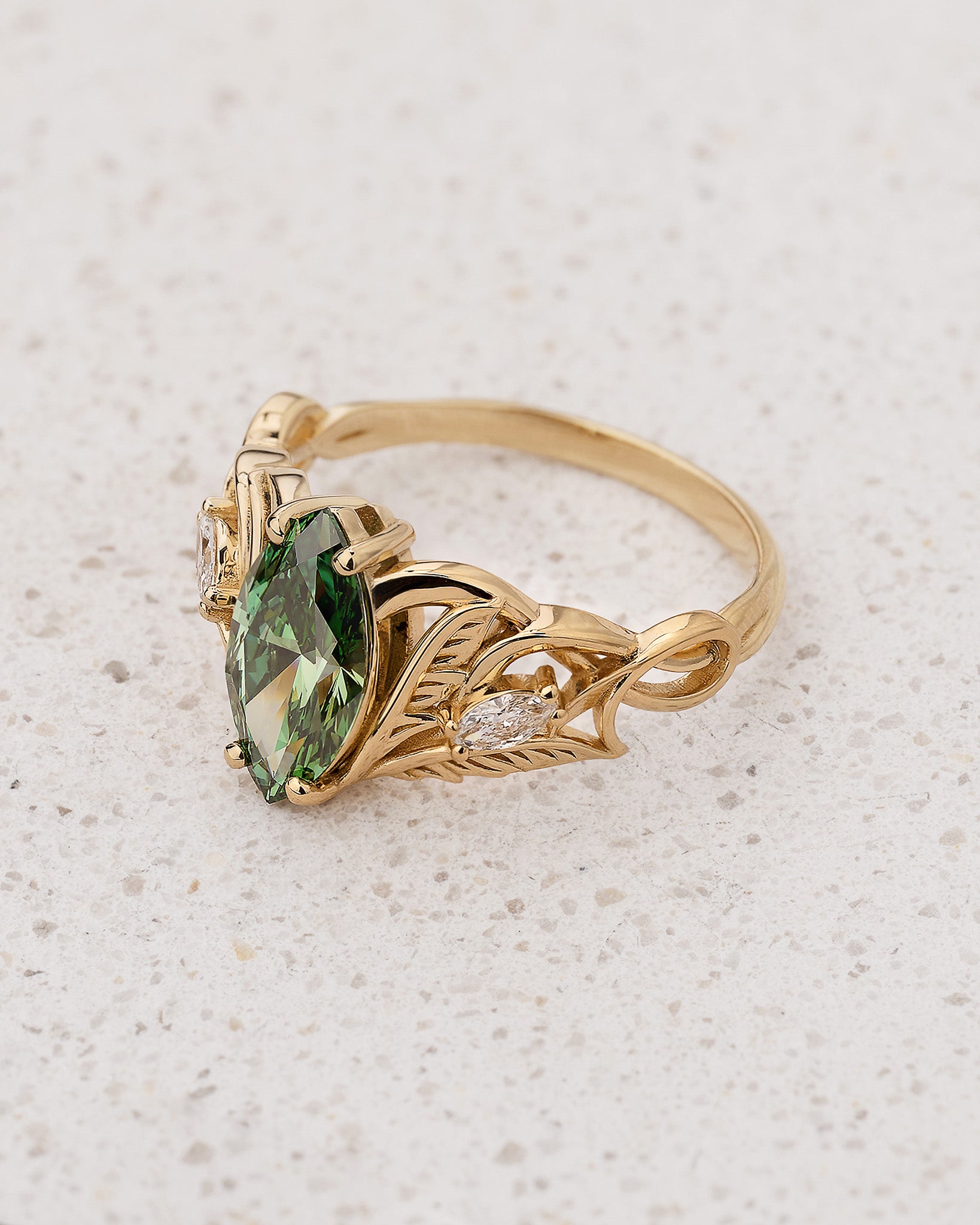 Engagement Ring with Marquise Fancy Vivid Green Diamond (Lab-Grown) in Nature Style / Ikar - Eden Garden Jewelry™