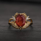 Leaf Engagement Ring with Oval Fantasy-Cut Padparadscha Sapphire / Adonis - Eden Garden Jewelry™