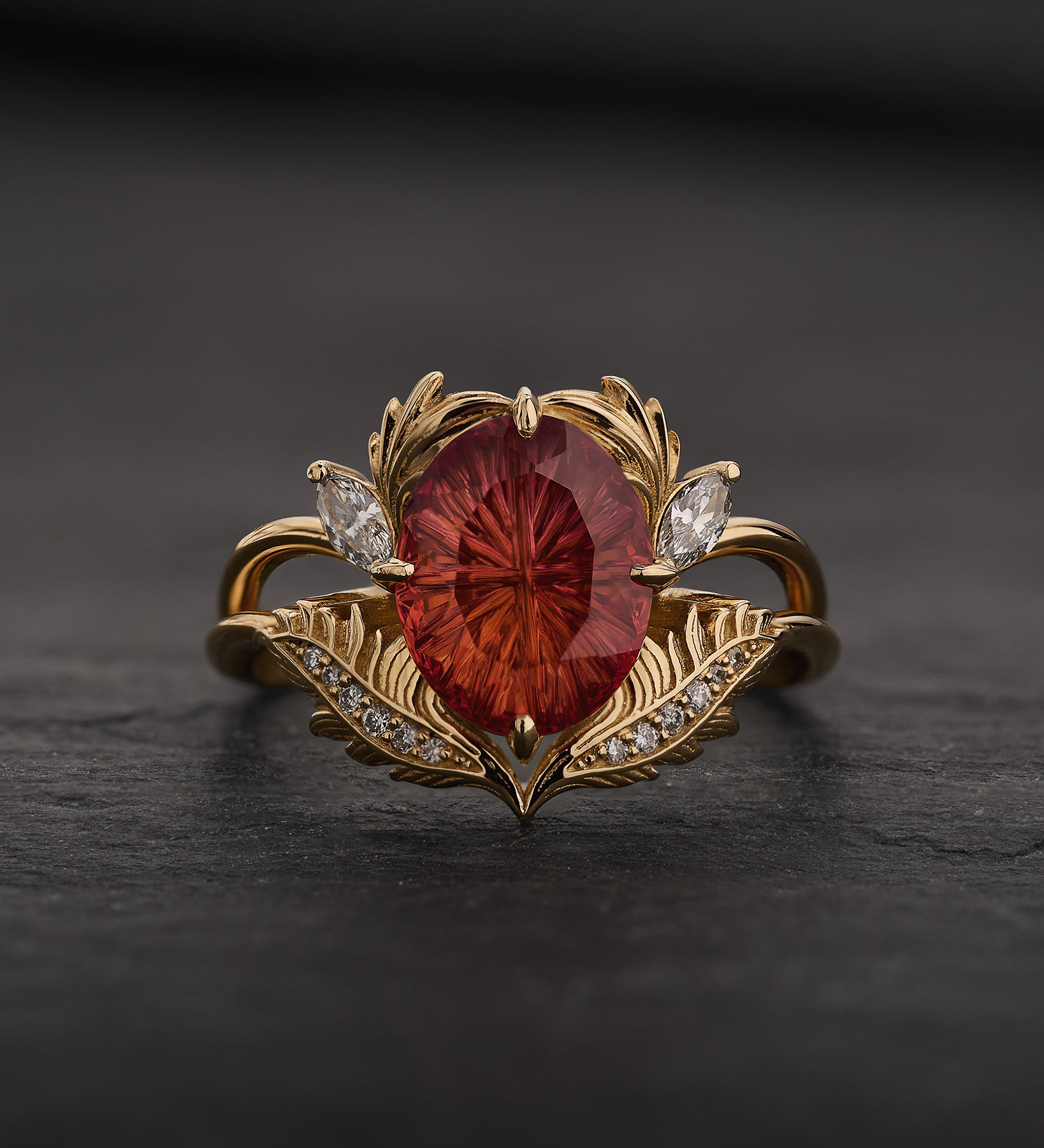 Leaf Engagement Ring with Oval Fantasy-Cut Padparadscha Sapphire / Adonis - Eden Garden Jewelry™