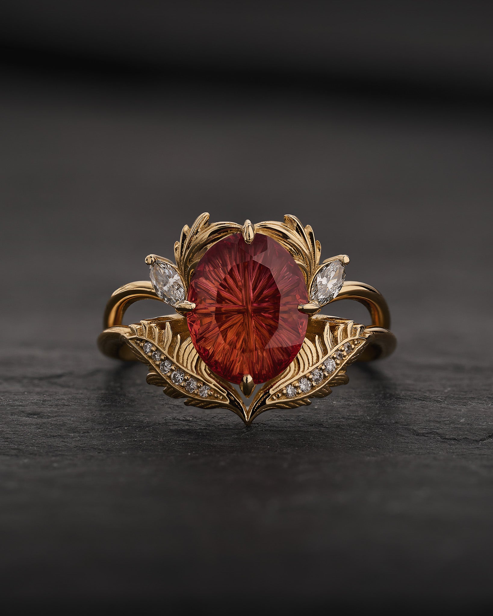 Leaf Engagement Ring with Oval Fantasy-Cut Padparadscha Sapphire / Adonis - Eden Garden Jewelry™
