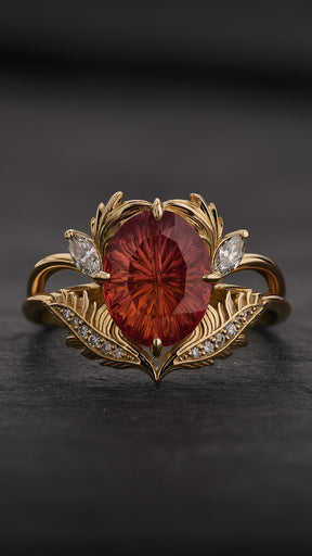 Leaf Engagement Ring with Oval Fantasy-Cut Padparadscha Sapphire / Adonis - Eden Garden Jewelry™