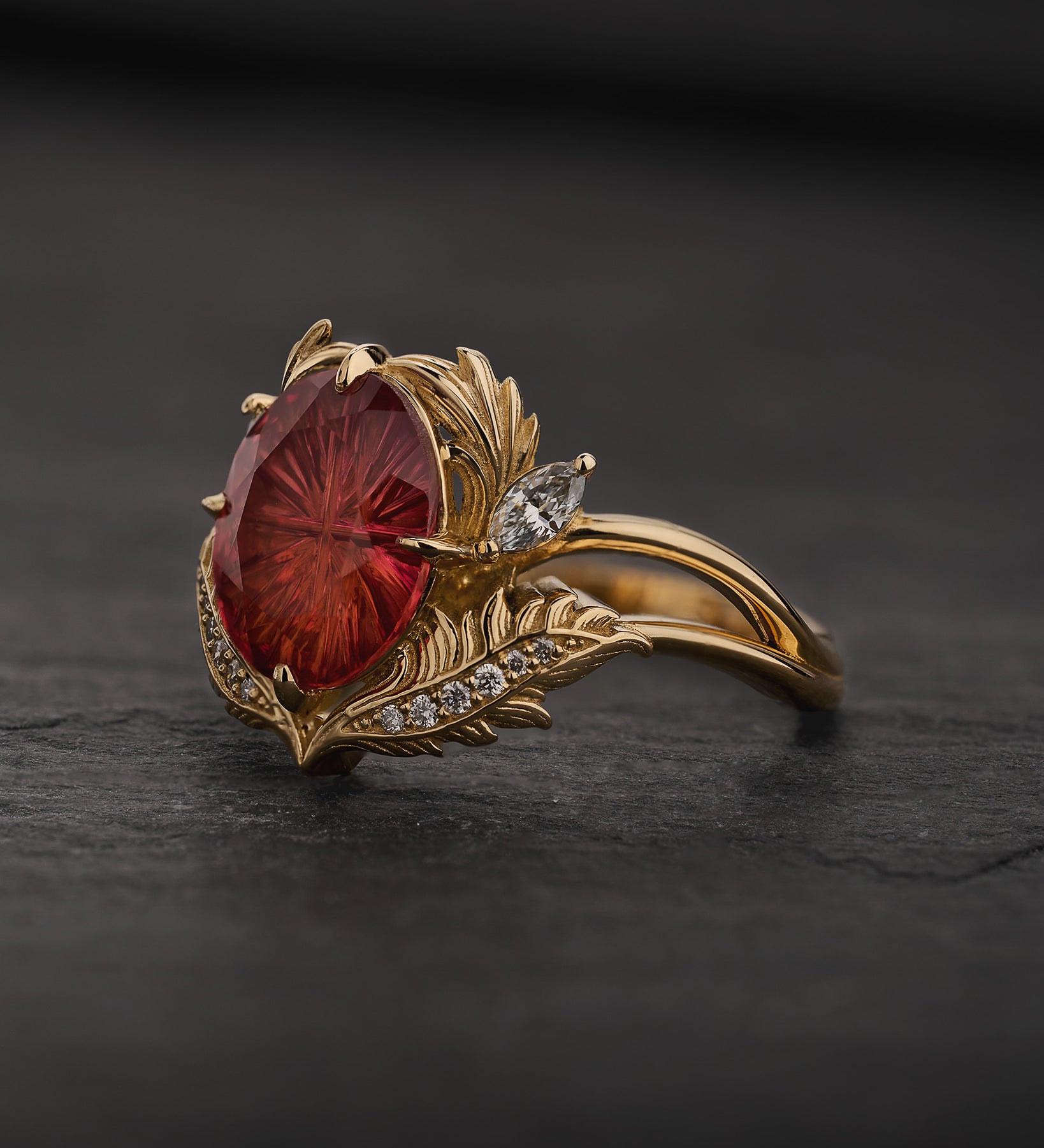 Leaf Engagement Ring with Oval Fantasy-Cut Padparadscha Sapphire / Adonis - Eden Garden Jewelry™