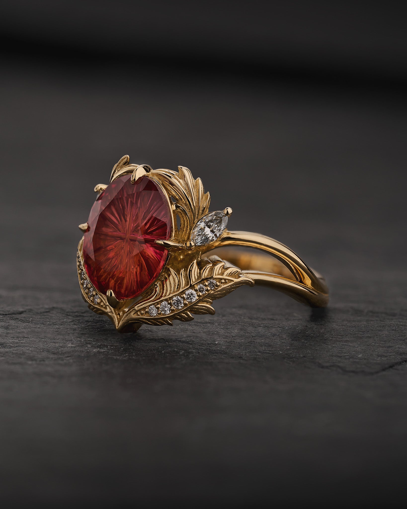 Leaf Engagement Ring with Oval Fantasy-Cut Padparadscha Sapphire / Adonis - Eden Garden Jewelry™