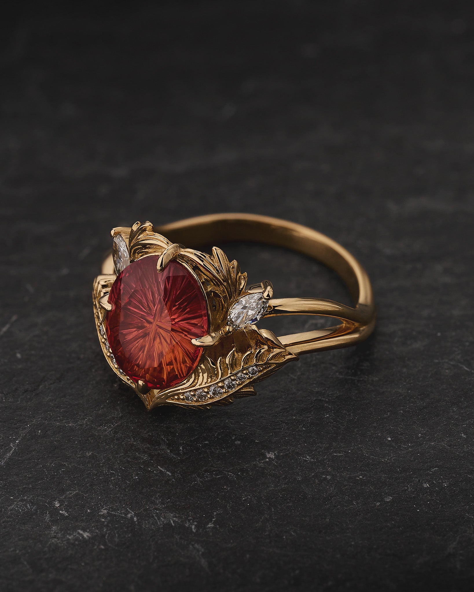 Leaf Engagement Ring with Oval Fantasy-Cut Padparadscha Sapphire / Adonis - Eden Garden Jewelry™