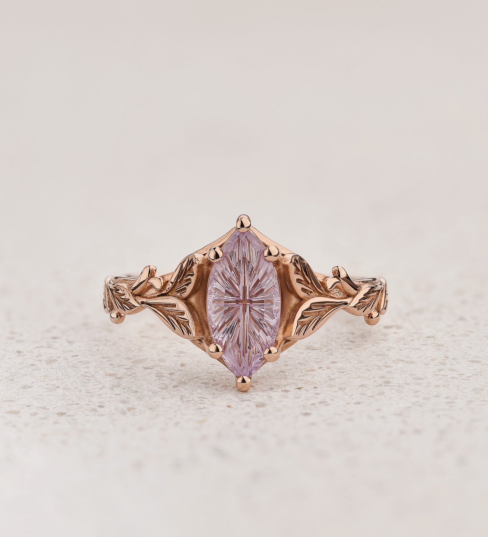 Leaf Engagement Ring with Marquise Fantasy-Cut Pink Sapphire / Freesia - Eden Garden Jewelry™