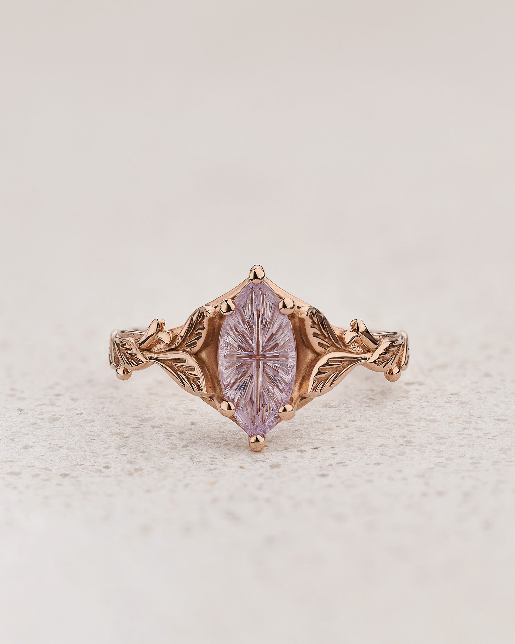 Leaf Engagement Ring with Marquise Fantasy-Cut Pink Sapphire / Freesia - Eden Garden Jewelry™