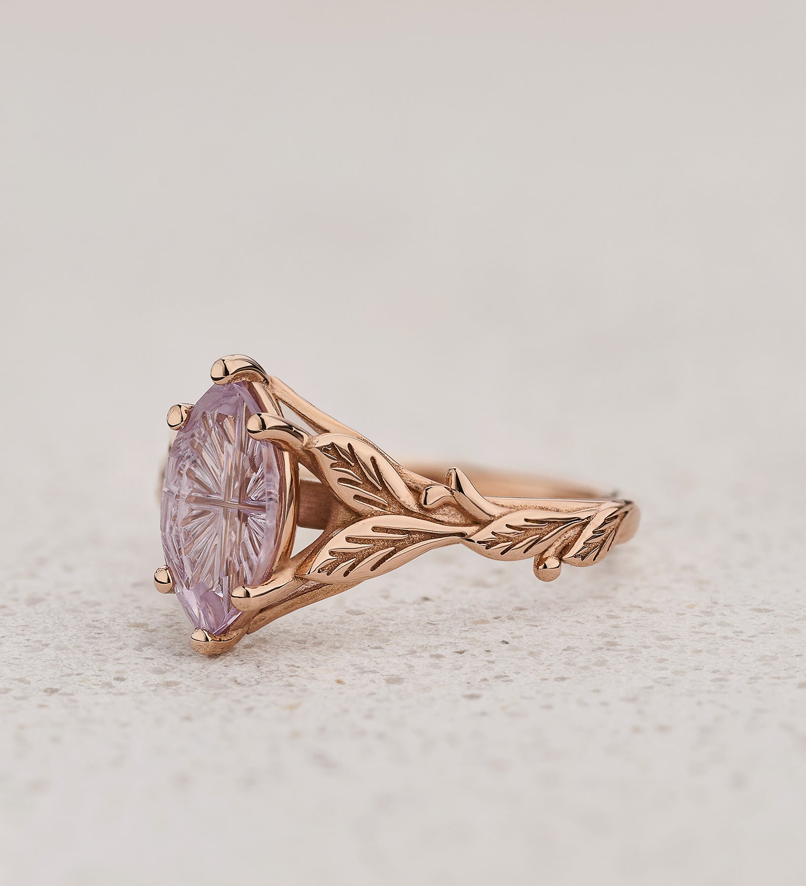 Leaf Engagement Ring with Marquise Fantasy-Cut Pink Sapphire / Freesia - Eden Garden Jewelry™