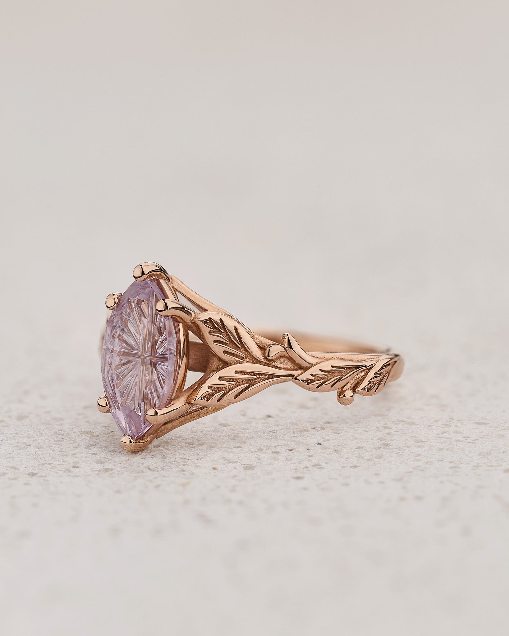 Leaf Engagement Ring with Marquise Fantasy-Cut Pink Sapphire / Freesia - Eden Garden Jewelry™
