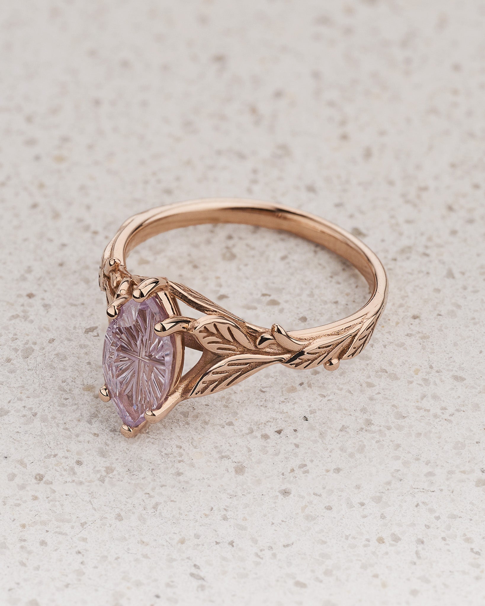 Leaf Engagement Ring with Marquise Fantasy-Cut Pink Sapphire / Freesia - Eden Garden Jewelry™