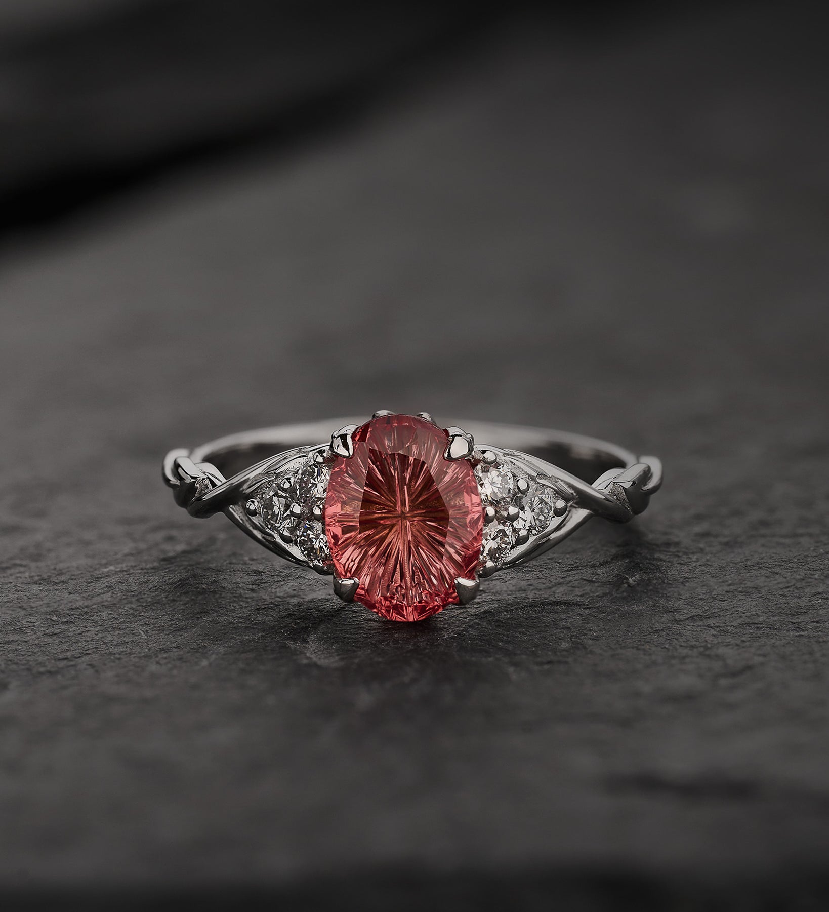 Leaf Engagement Ring with Oval Fantasy-Cut Orange Sapphire / Gloria - Eden Garden Jewelry™