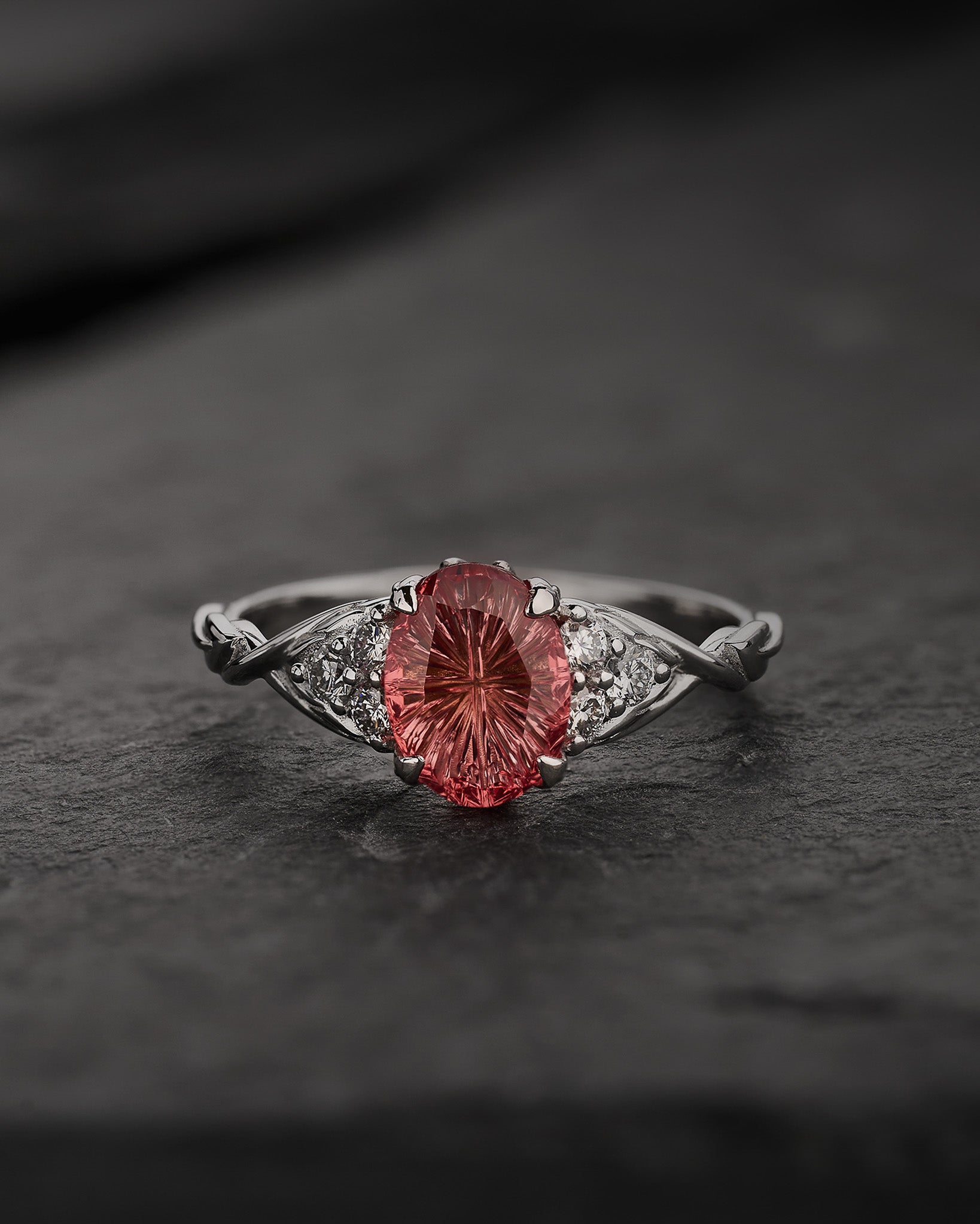 Leaf Engagement Ring with Oval Fantasy-Cut Orange Sapphire / Gloria - Eden Garden Jewelry™