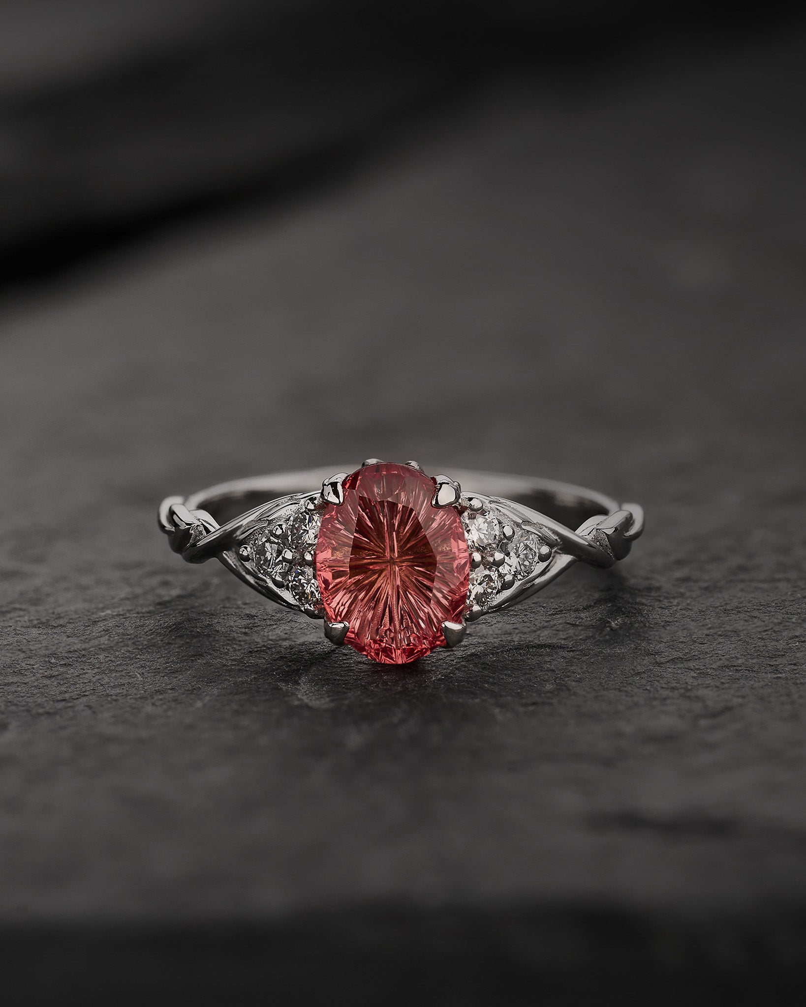 Leaf Engagement Ring with Oval Fantasy-Cut Orange Sapphire / Gloria - Eden Garden Jewelry™