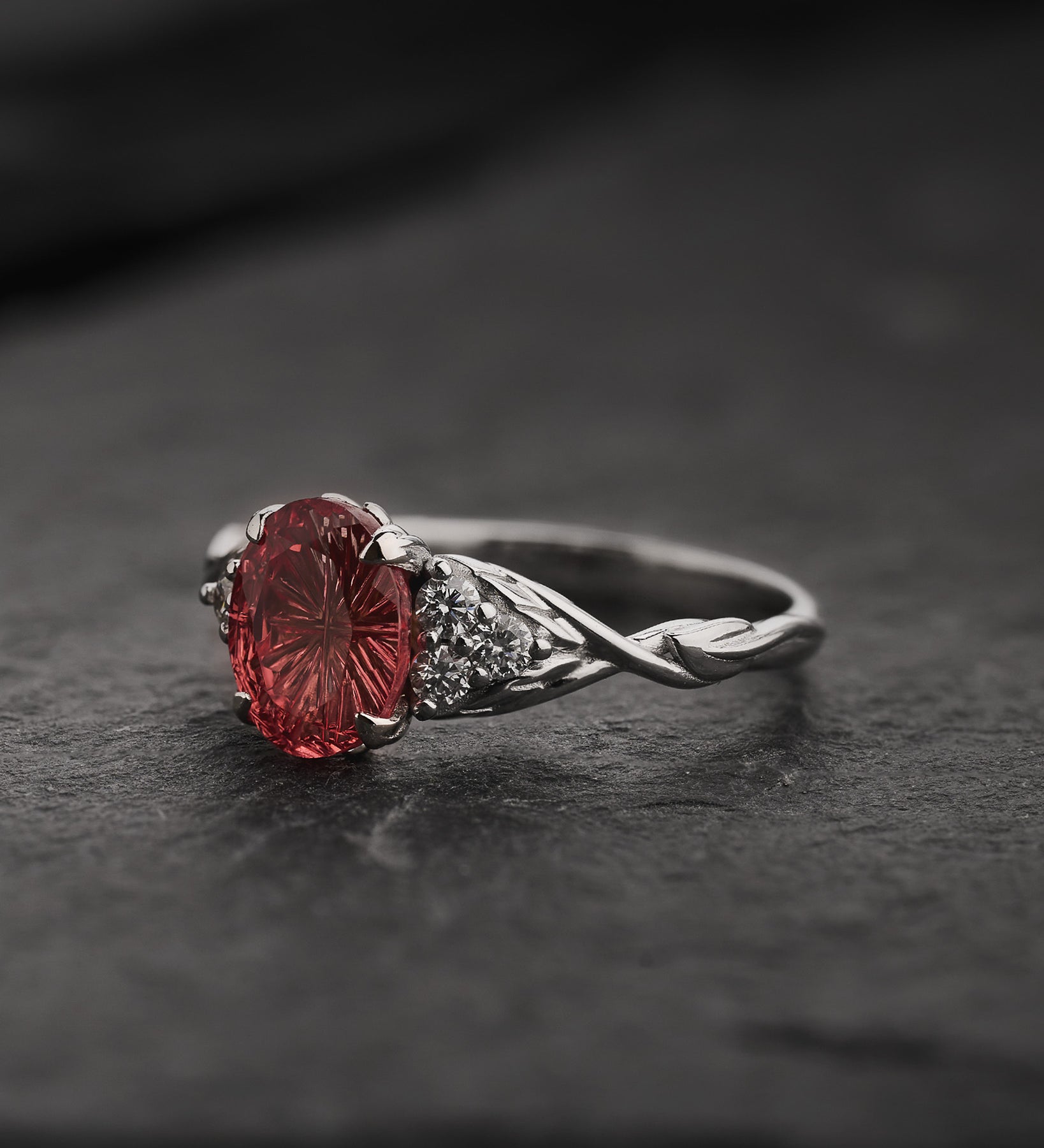 Leaf Engagement Ring with Oval Fantasy-Cut Orange Sapphire / Gloria - Eden Garden Jewelry™