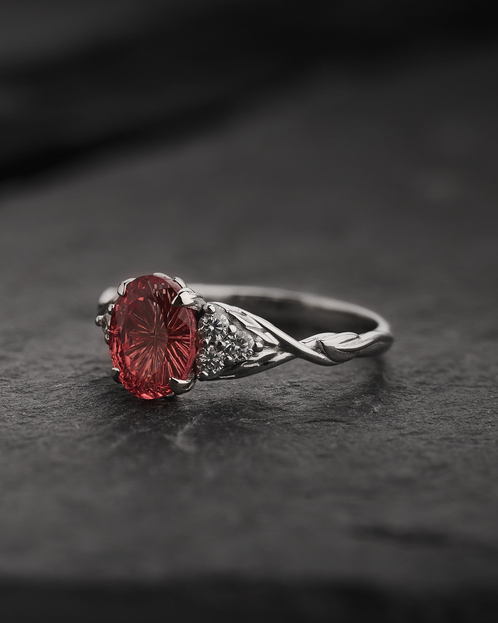 Leaf Engagement Ring with Oval Fantasy-Cut Orange Sapphire / Gloria - Eden Garden Jewelry™