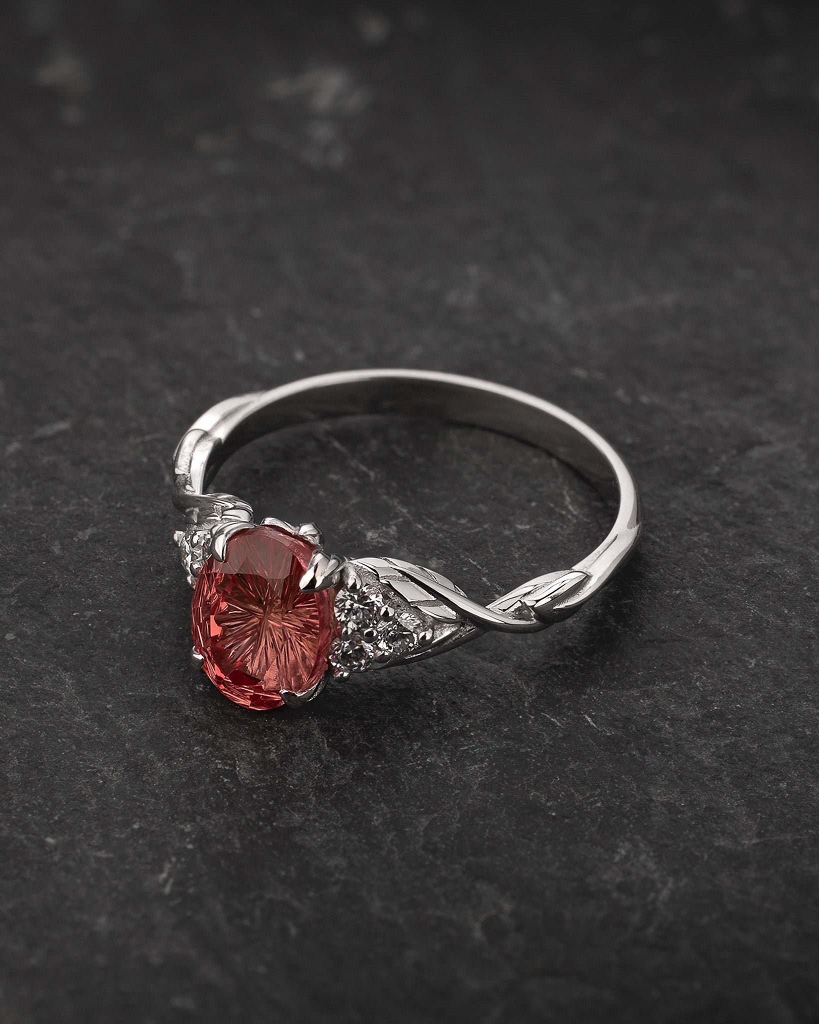 Leaf Engagement Ring with Oval Fantasy-Cut Orange Sapphire / Gloria - Eden Garden Jewelry™