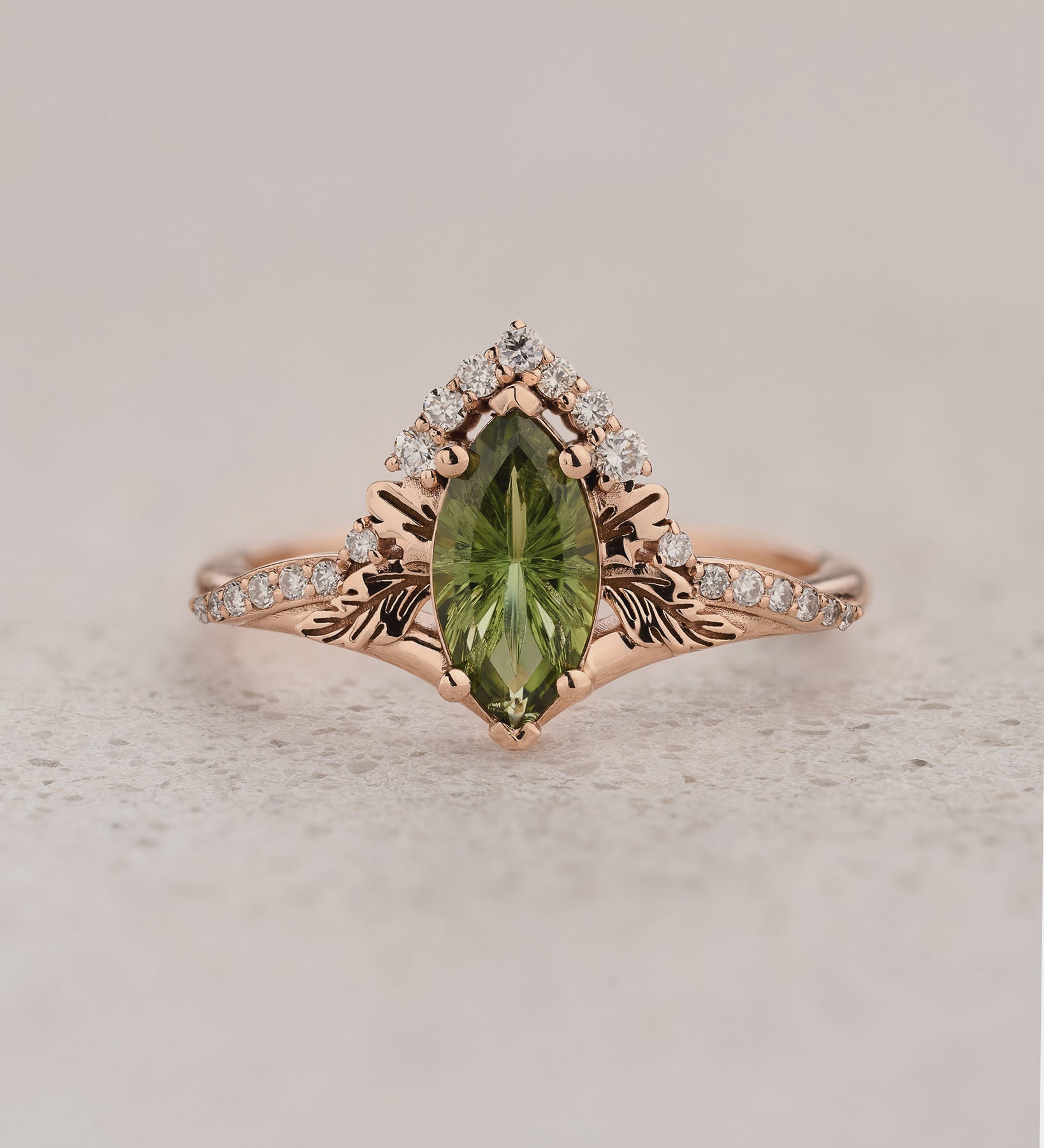 Elegant Engagement Ring with Marquise Fantasy-Cut Green Sapphire / Amelia - Eden Garden Jewelry™