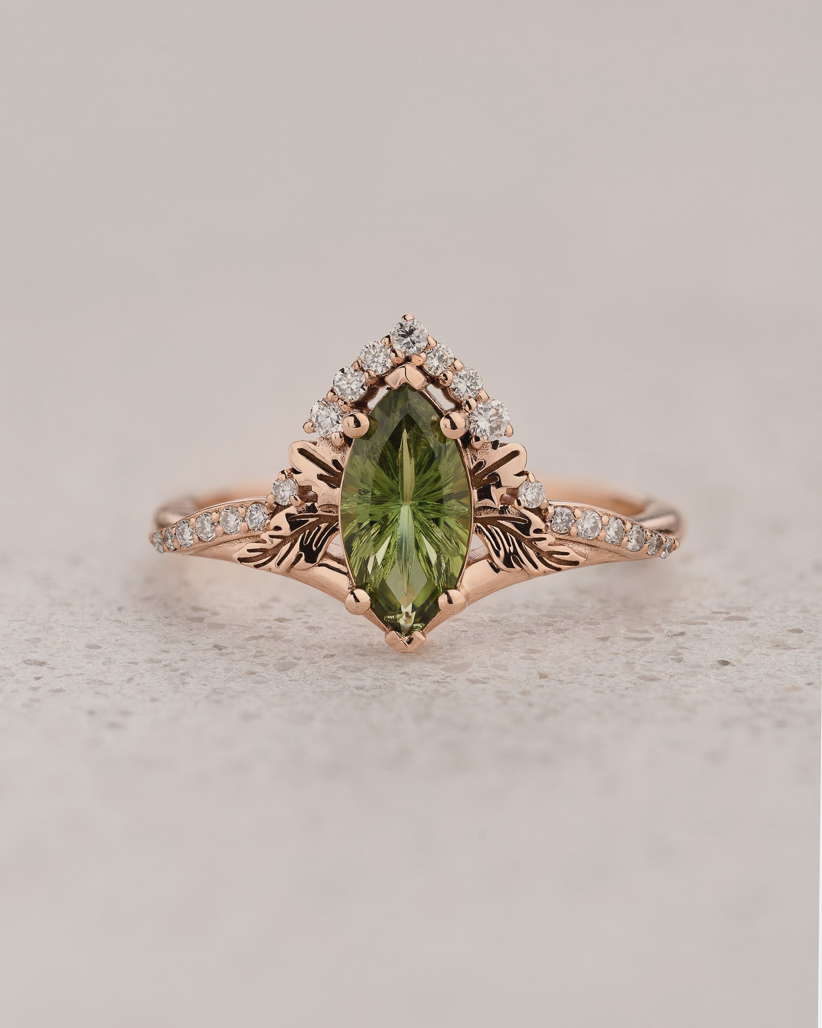Elegant Engagement Ring with Marquise Fantasy-Cut Green Sapphire / Amelia - Eden Garden Jewelry™