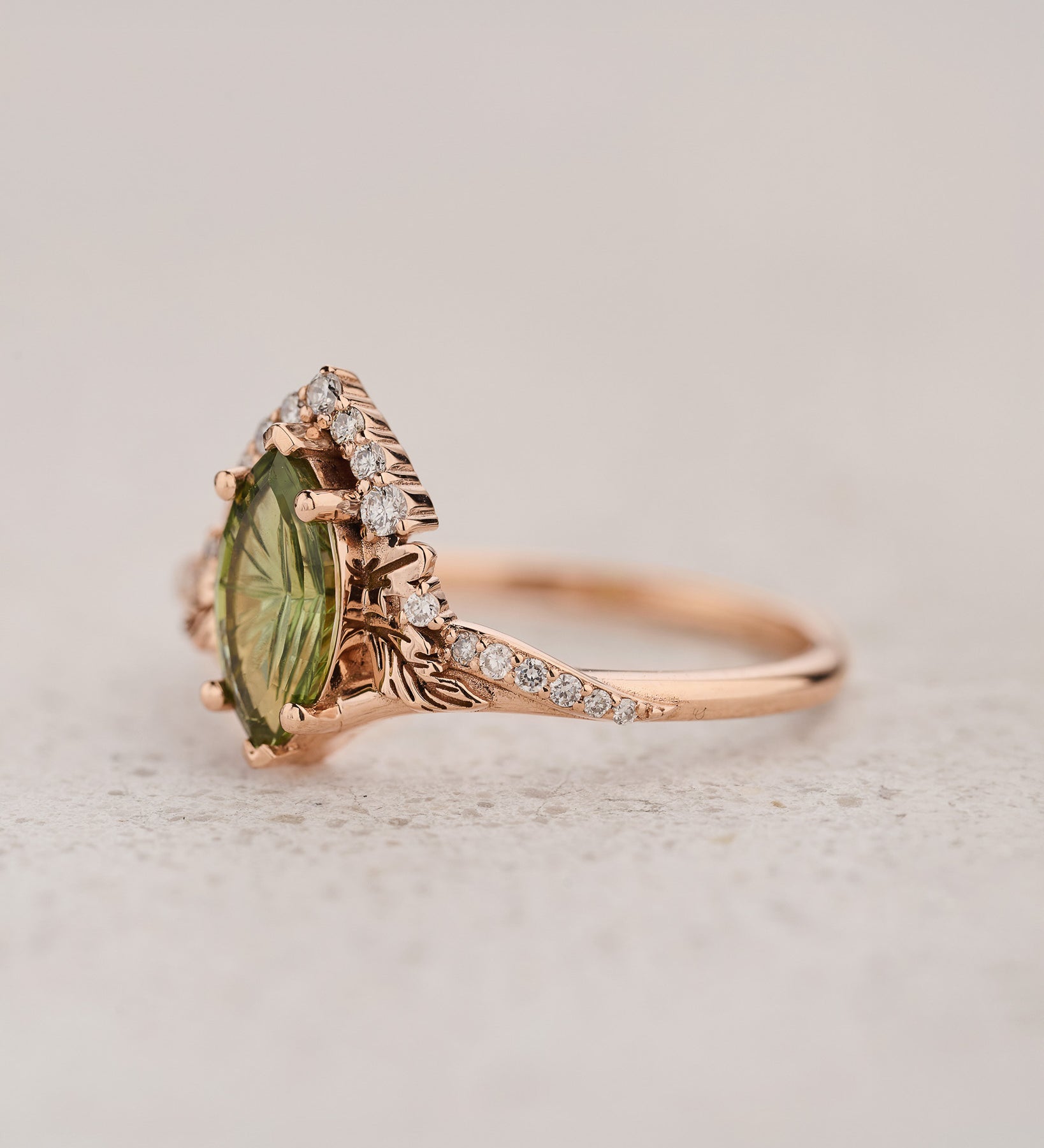 Elegant Engagement Ring with Marquise Fantasy-Cut Green Sapphire / Amelia - Eden Garden Jewelry™